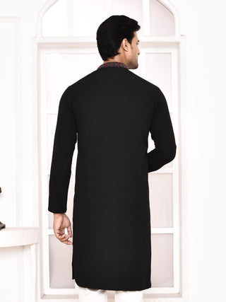 Men's Thread Worked Black Silk Kurta