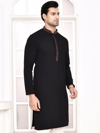 Men's Thread Worked Black Silk Kurta