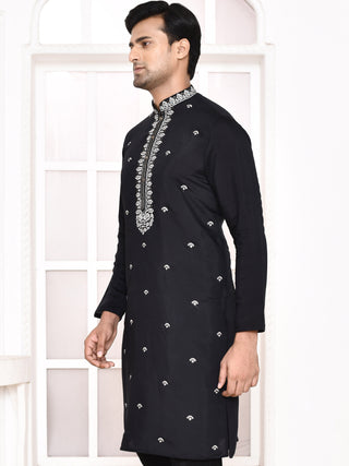 Men's Floral Embroidered Silk Black Kurta