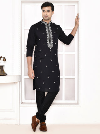 Men's Floral Embroidered Silk Black Kurta