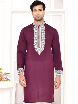 Men's Wine Embroidered Kurta