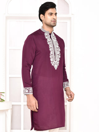 Men's Wine Embroidered Kurta