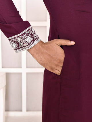 Men's Wine Embroidered Kurta