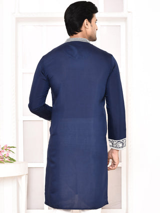 Men's Navy Blue Embroidered Kurta