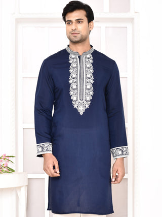 Men's Navy Blue Embroidered Kurta