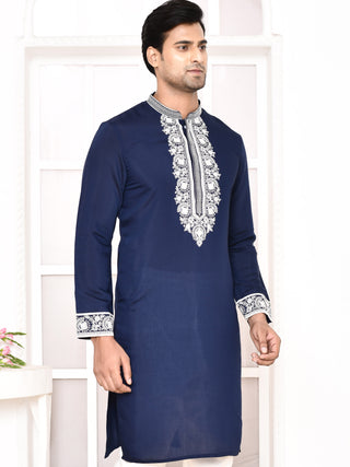 Men's Navy Blue Embroidered Kurta