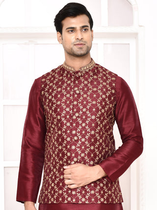 Men's Floral Embroidered Maroon Jacket Set