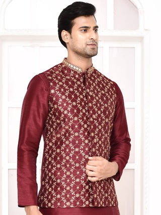 Men's Floral Embroidered Maroon Jacket Set