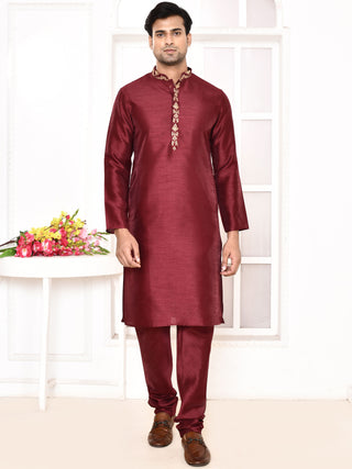 Men's Floral Embroidered Maroon Jacket Set