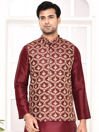 Men's Embroidered Maroon Jacket Set