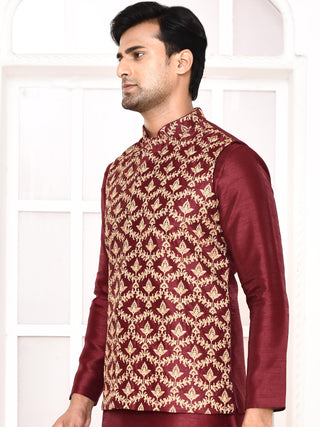 Men's Embroidered Maroon Jacket Set