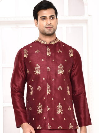 Men's Embroidered Maroon Jacket Set