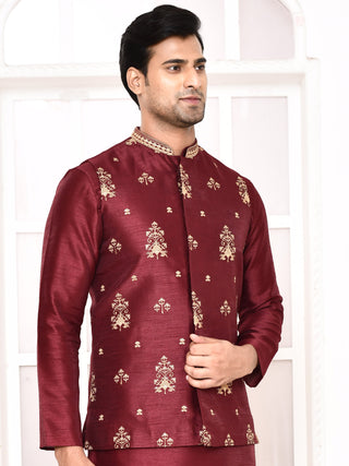 Men's Embroidered Maroon Jacket Set