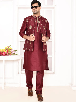 Men's Embroidered Maroon Jacket Set