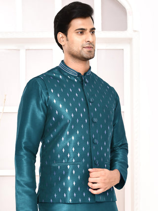 Men's Printed Torquoise Kurta & Jacket Set