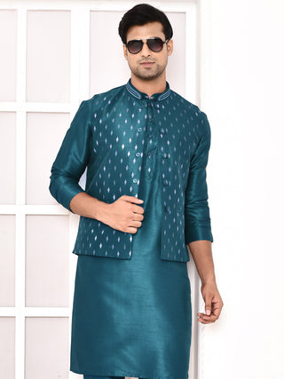 Men's Printed Torquoise Kurta & Jacket Set