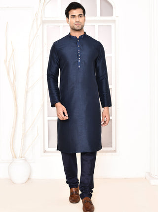 Men's Printed Navy Blue Kurta & Jacket Set