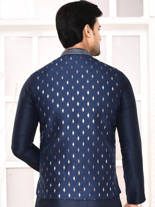 Men's Printed Navy Blue Kurta & Jacket Set