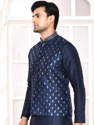 Men's Printed Navy Blue Kurta & Jacket Set