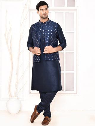 Men's Printed Navy Blue Kurta & Jacket Set