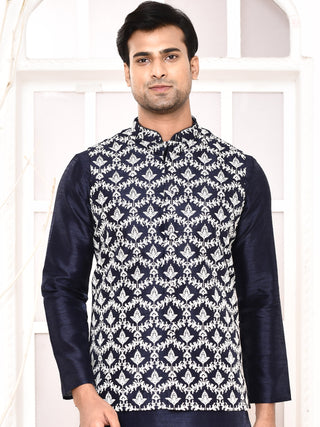 Men's Embroidered Navy Blue Jacket Set