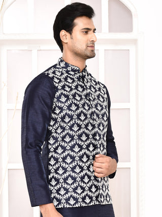 Men's Embroidered Navy Blue Jacket Set