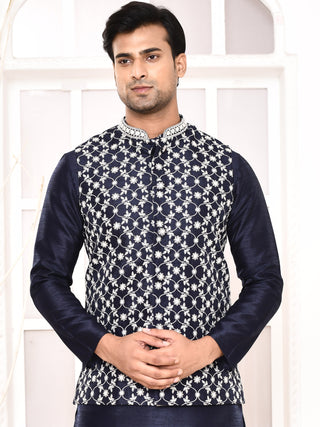 Men's Floral Embroidered Navy Blue Jacket Set