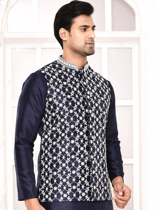 Men's Floral Embroidered Navy Blue Jacket Set