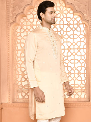 Men's Floral Embroidered Silk Cream Kurta