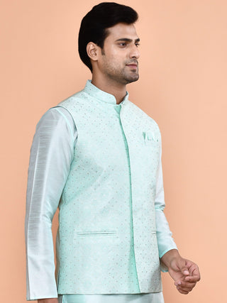 Men's Embroidered Light Blue Kurta & Jacket Set