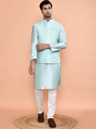 Men's Embroidered Light Blue Kurta & Jacket Set