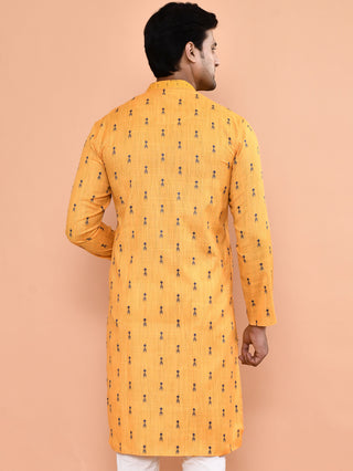 Men's Printed Cotton Yellow Kurta