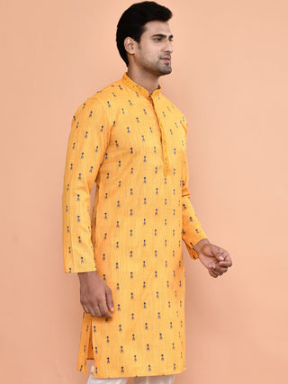 Men's Printed Cotton Yellow Kurta