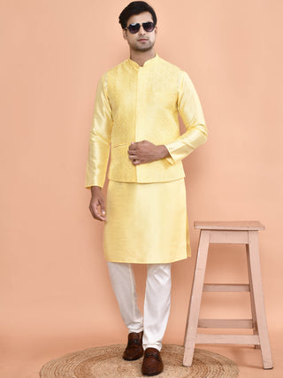 Men's Embroidered Yellow Kurta & Jacket Set