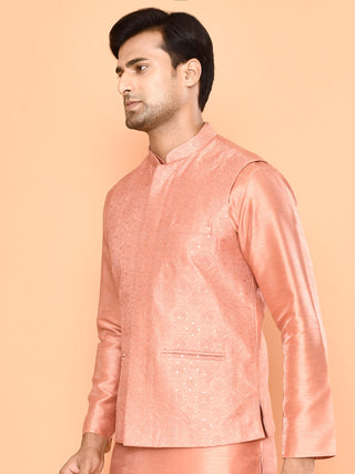 Men's Embroidered Peach Kurta & Jacket Set