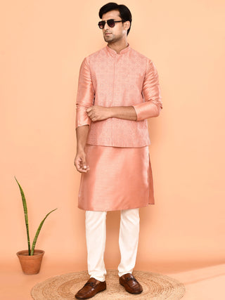 Men's Embroidered Peach Kurta & Jacket Set