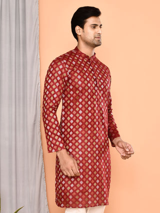 Men's Printed Cotton Blend Kurta (Maroon)