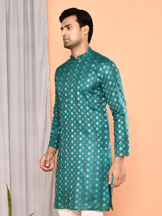 Men's Printed Cotton Blend Kurta (Green)