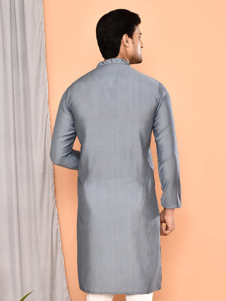 Men'n Grey Thread Worked Cotton Kurta