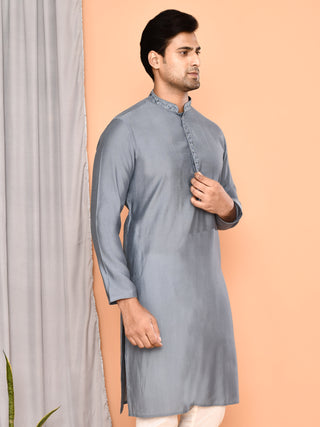 Men'n Grey Thread Worked Cotton Kurta