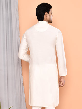 Men'n Cream Thread Worked Cotton Kurta