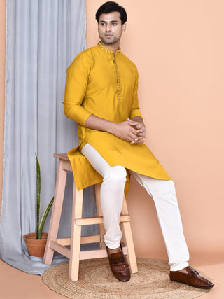 Men'n Yellow Thread Worked Cotton Kurta