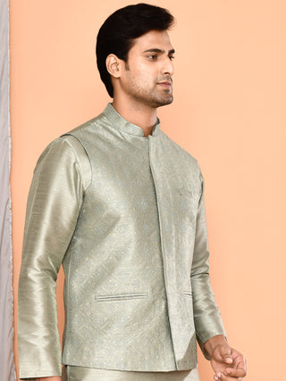 Men's Embroidered Grey Kurta & Jacket Set