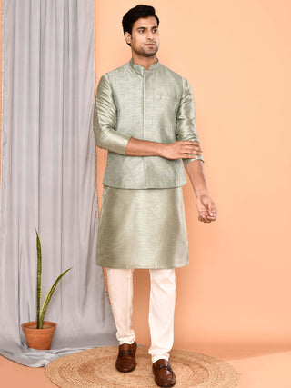 Men's Embroidered Grey Kurta & Jacket Set