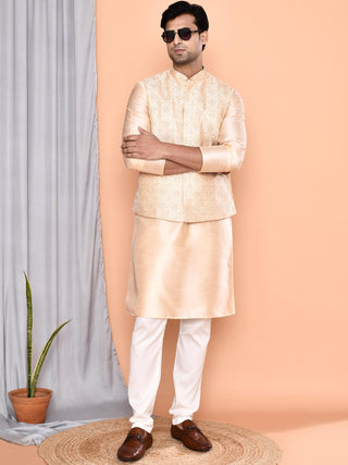 Men's Embroidered Beige Kurta & Jacket Set