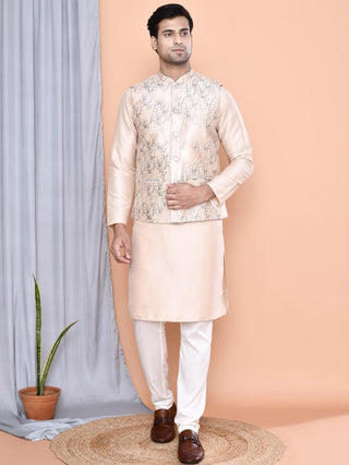 Men's Printed Peach Kurta & Jacket Set