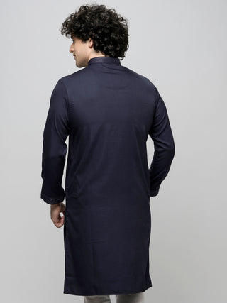 Men's Navy Blue Cotton Embroidered Kurta