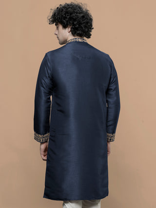 Men's Navy Blue Embroidered Kurta