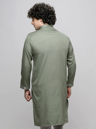 Men's Green Cotton Embroidered Kurta