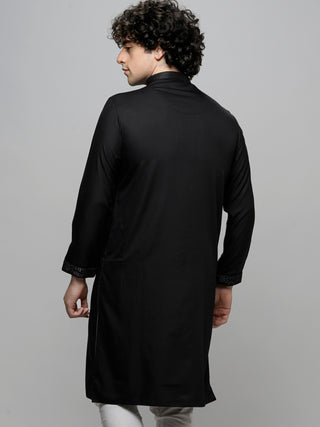 Men's Black Embroidered Cotton Kurta